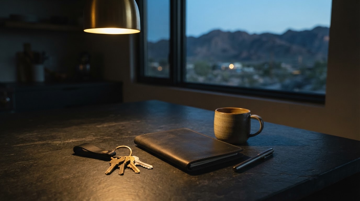 House keys and a folder on a kitchen counter at dusk
