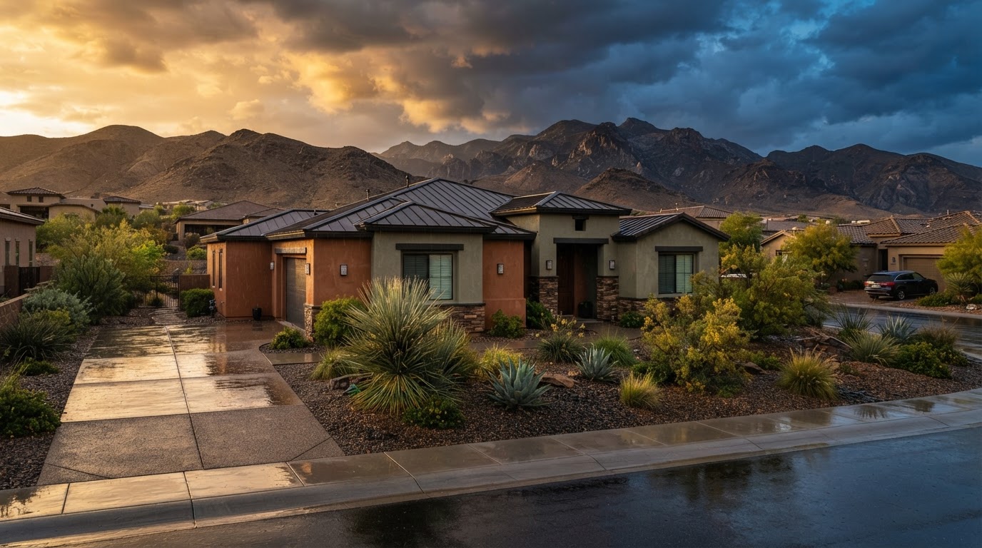 Desert home on a wet street as storm clouds clear